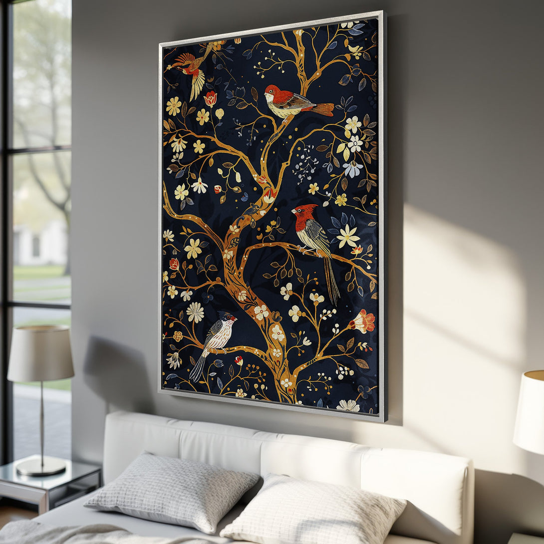 Framed Wall Art: Elegant bird and floral design in a dark blue, gold, and red color palette. Perfect for adding a touch of sophistication to any space.