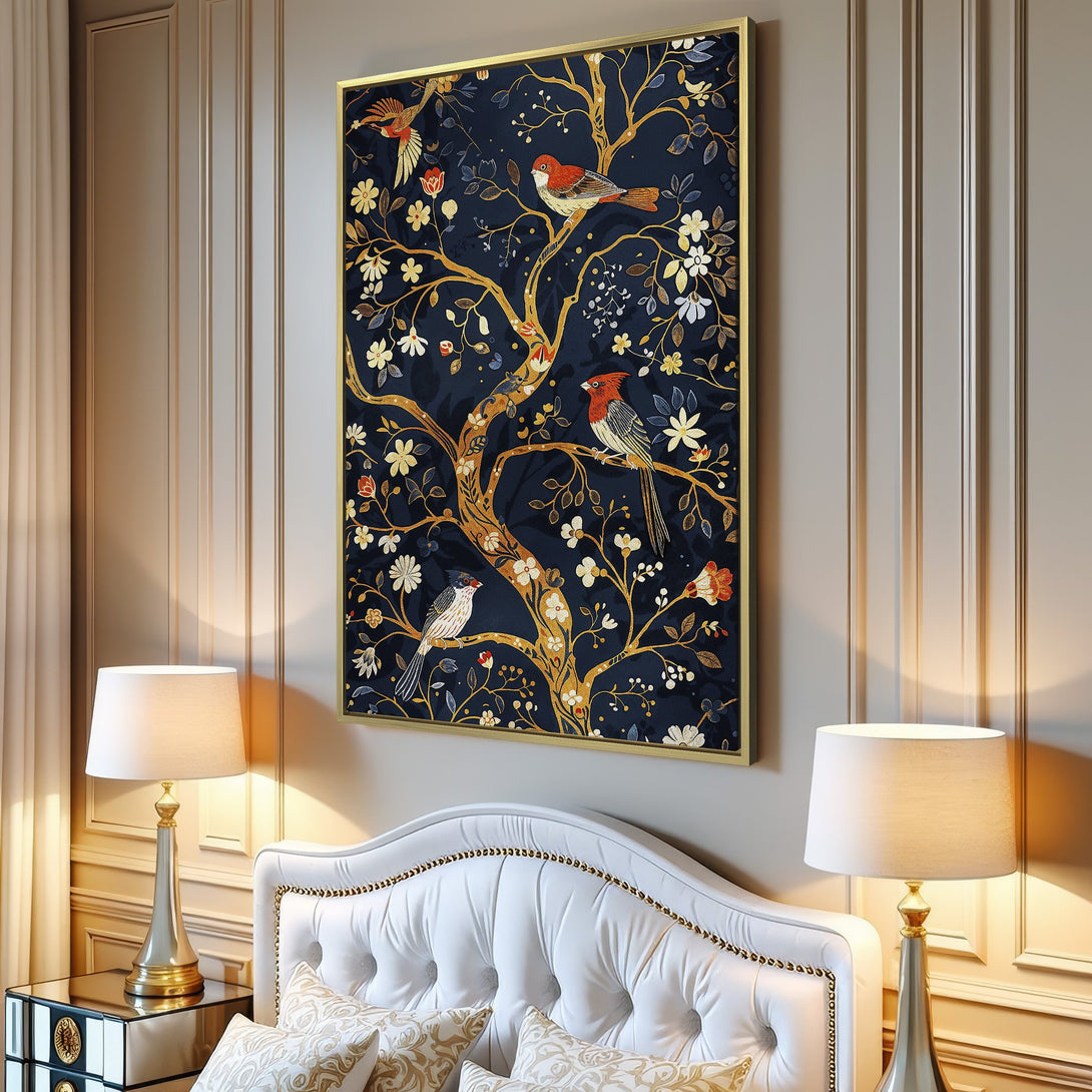 Canvas Print featuring a whimsical tree with birds, in a navy, gold, and red color palette. Perfect wall art for a stylish home.