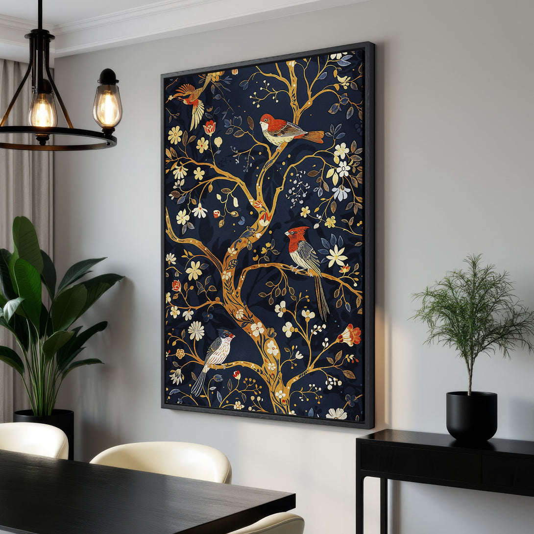 Framed Wall Art featuring a vibrant bird and floral design in a rich navy, gold, and red color palette. Perfect for adding a touch of elegance to your space.