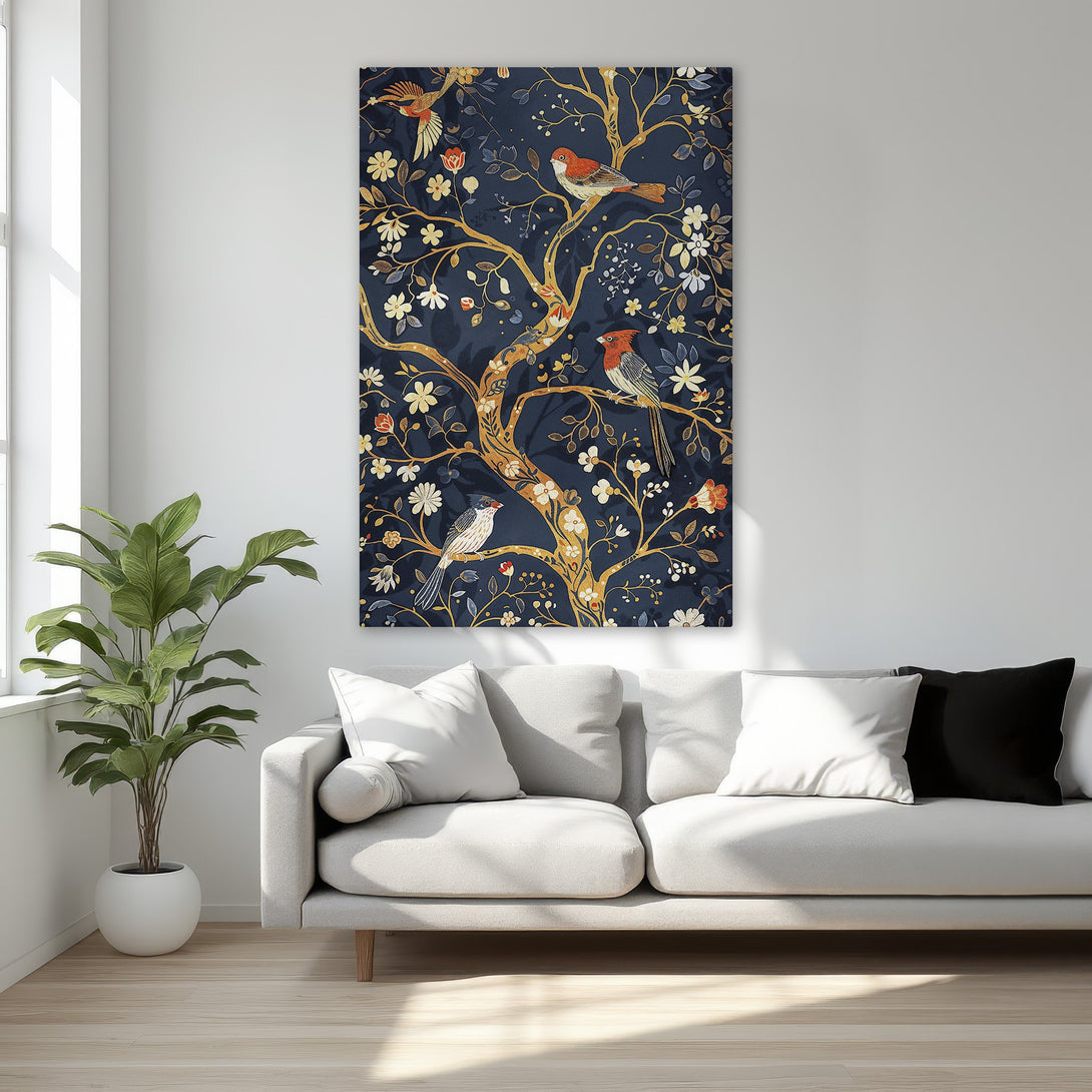 Framed Wall Art featuring a navy blue floral design with birds, gold accents, and a touch of red. Perfect for adding elegance to any room.