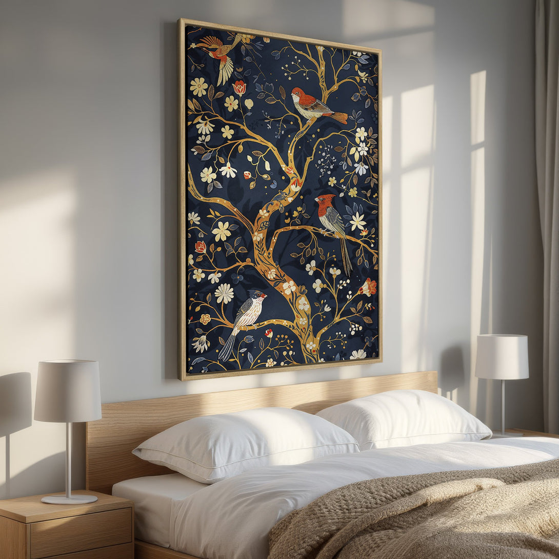 Framed Wall Art: Elegant bird & floral design in navy, gold, and red. Adds a touch of sophistication to any bedroom. Shop our Canvas Print collection today!