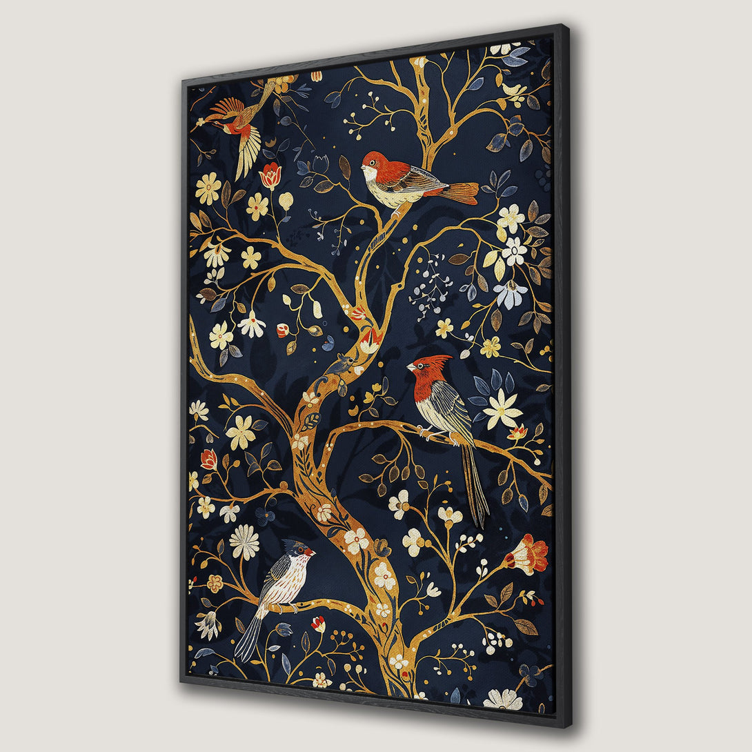 Framed Wall Art featuring a botanical design with birds, in a vintage style. The color palette includes navy, gold, and red. Perfect for home decor!