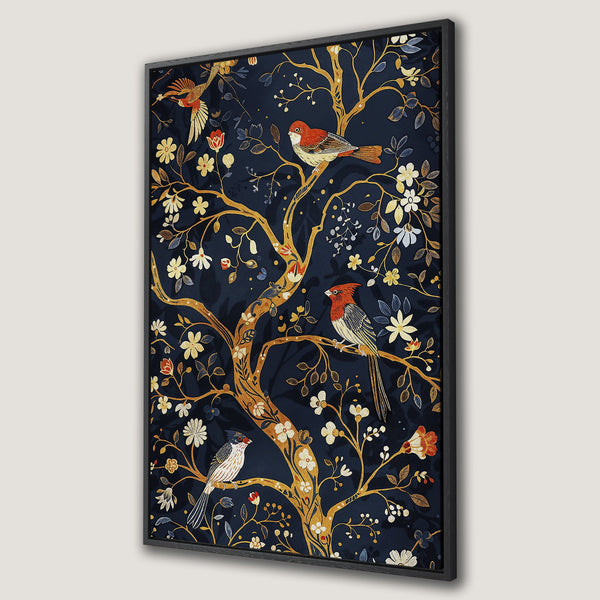 Framed Wall Art featuring a botanical design with birds, in a vintage style. The color palette includes navy, gold, and red. Perfect for home decor!