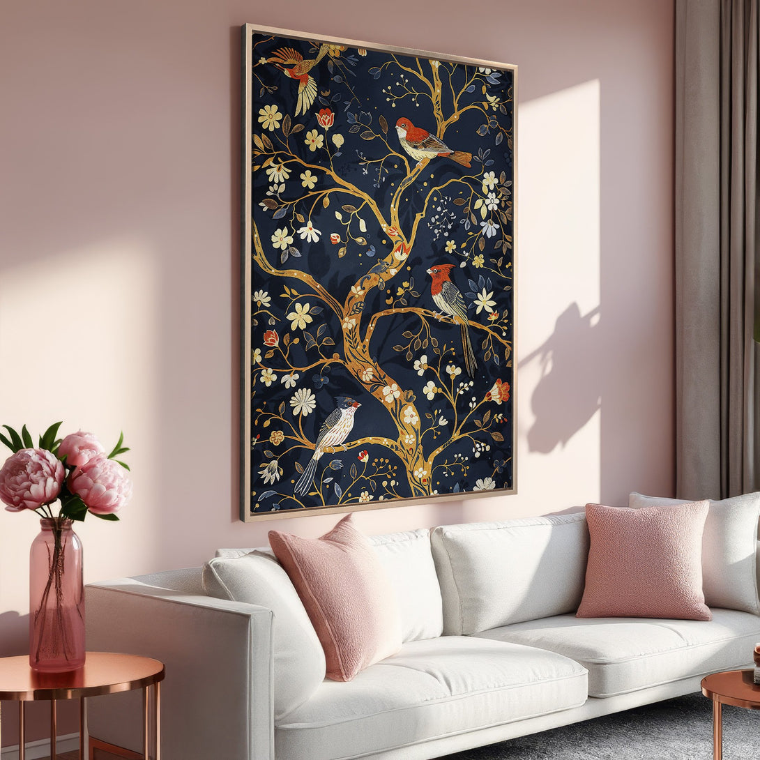 Framed Wall Art featuring a bird and floral design in a navy, gold, and red color palette. Perfect for adding a touch of elegance to your living room!