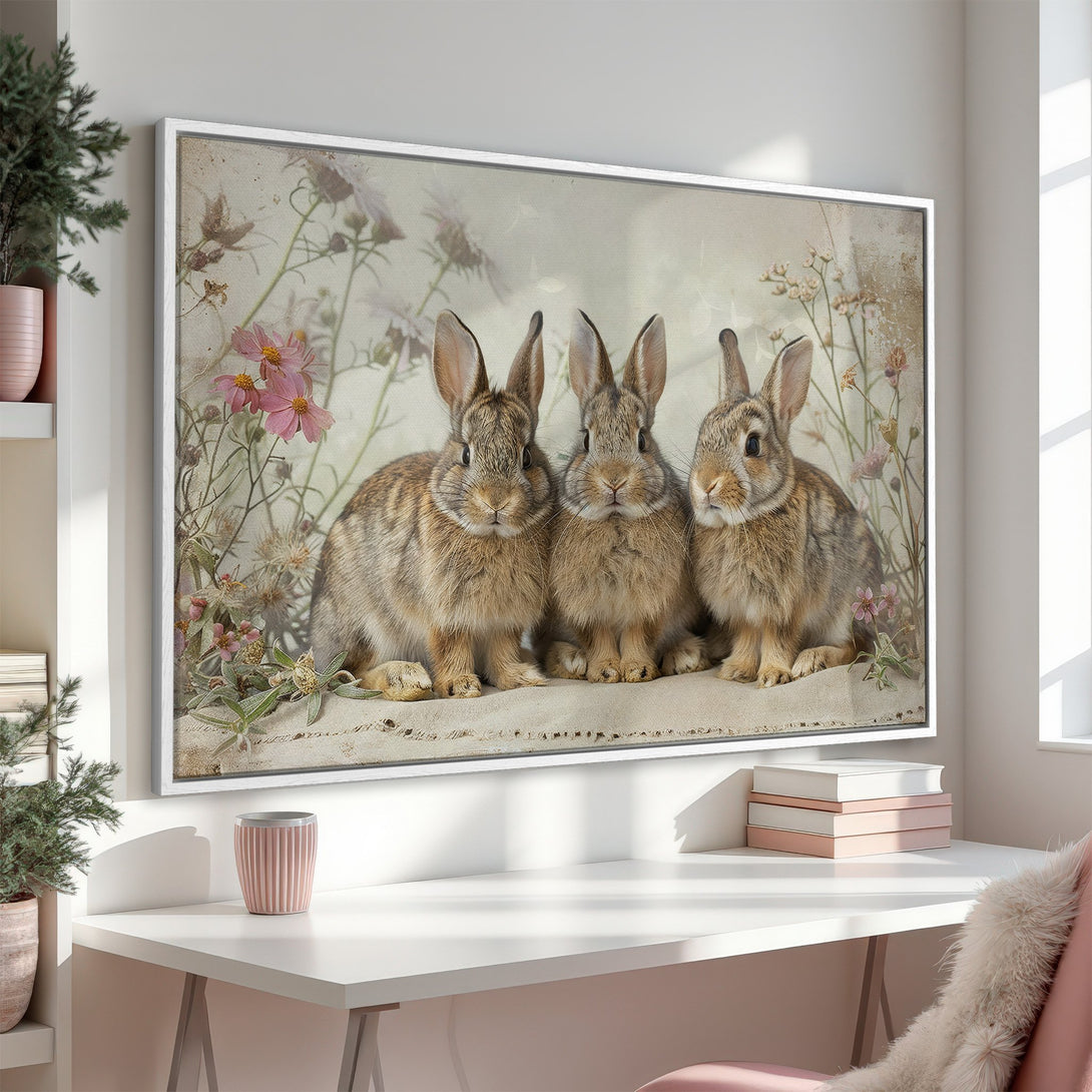 Framed Wall Art featuring three adorable bunnies in a vintage style with soft beige and pink hues. Perfect for adding a touch of nature to your decor!