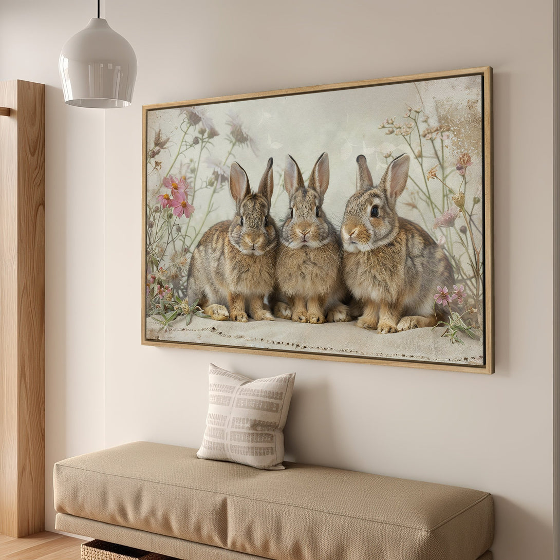Framed Wall Art: Adorable bunnies in a vintage style. Soft neutral color palette adds warmth and charm to any space. Perfect for nursery or home decor.