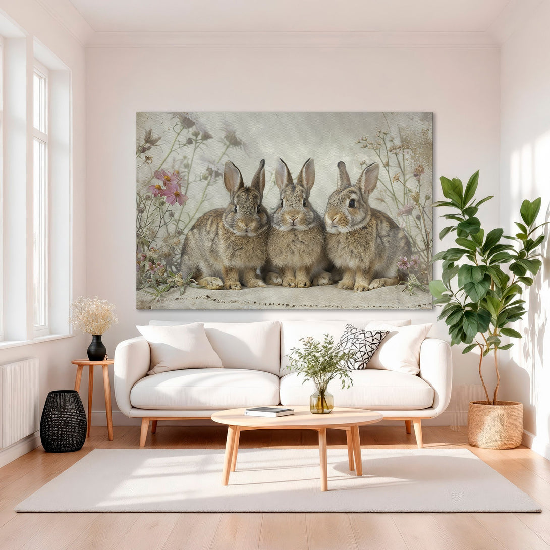 Framed Wall Art featuring adorable bunny rabbits, soft pastel colors. Perfect for nursery or farmhouse decor. Shop our Canvas Print collection today!