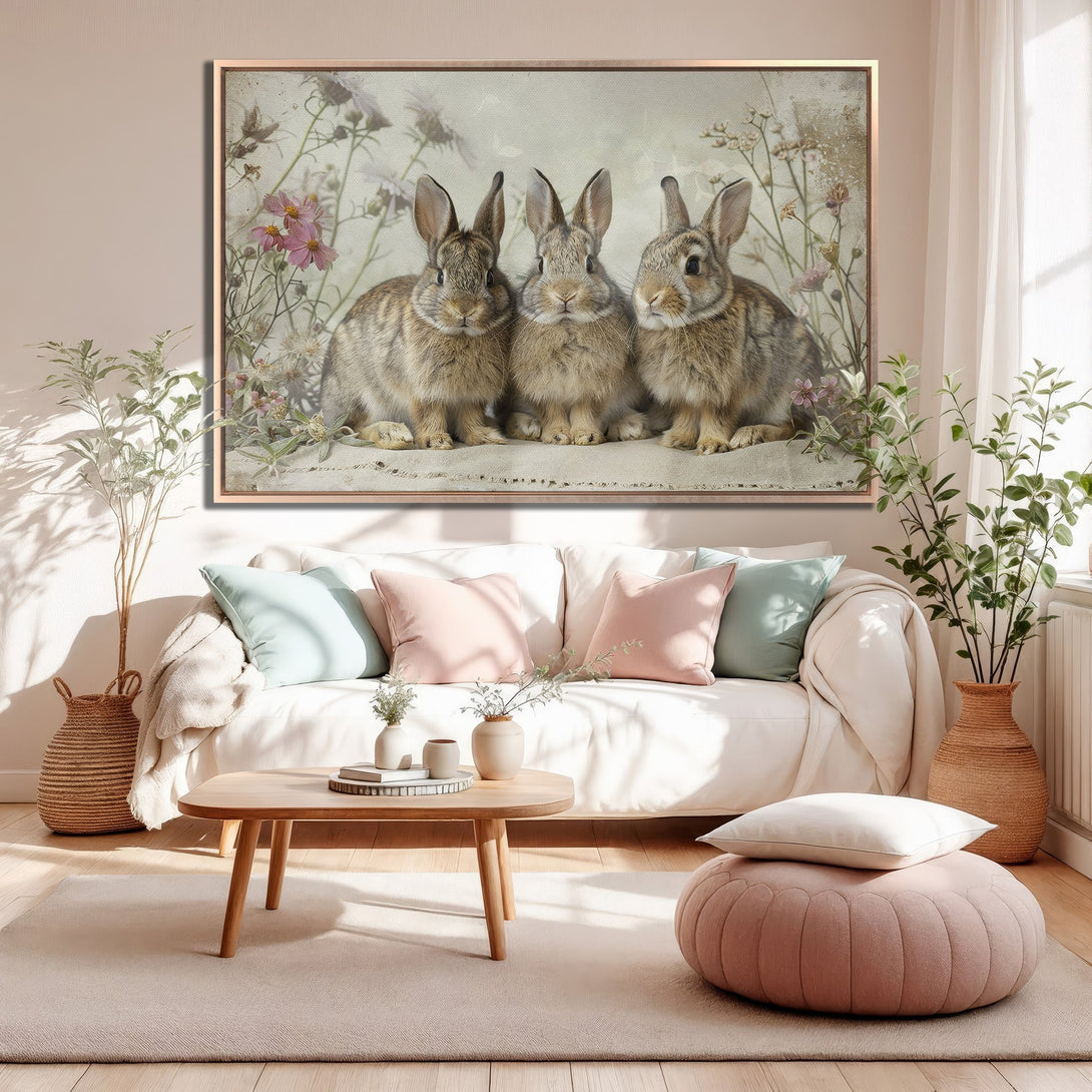 Framed Wall Art: Adorable bunny trio in a soft, vintage style. Warm neutral tones with pops of pink create a cozy and inviting living space.