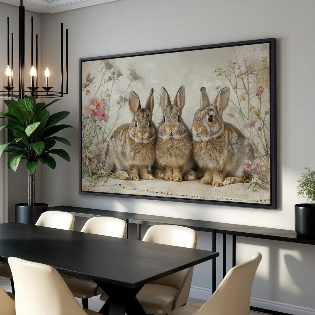 Framed Wall Art featuring adorable bunnies. Vintage style with soft neutral tones and pops of pink. Perfect for adding charm to any room.