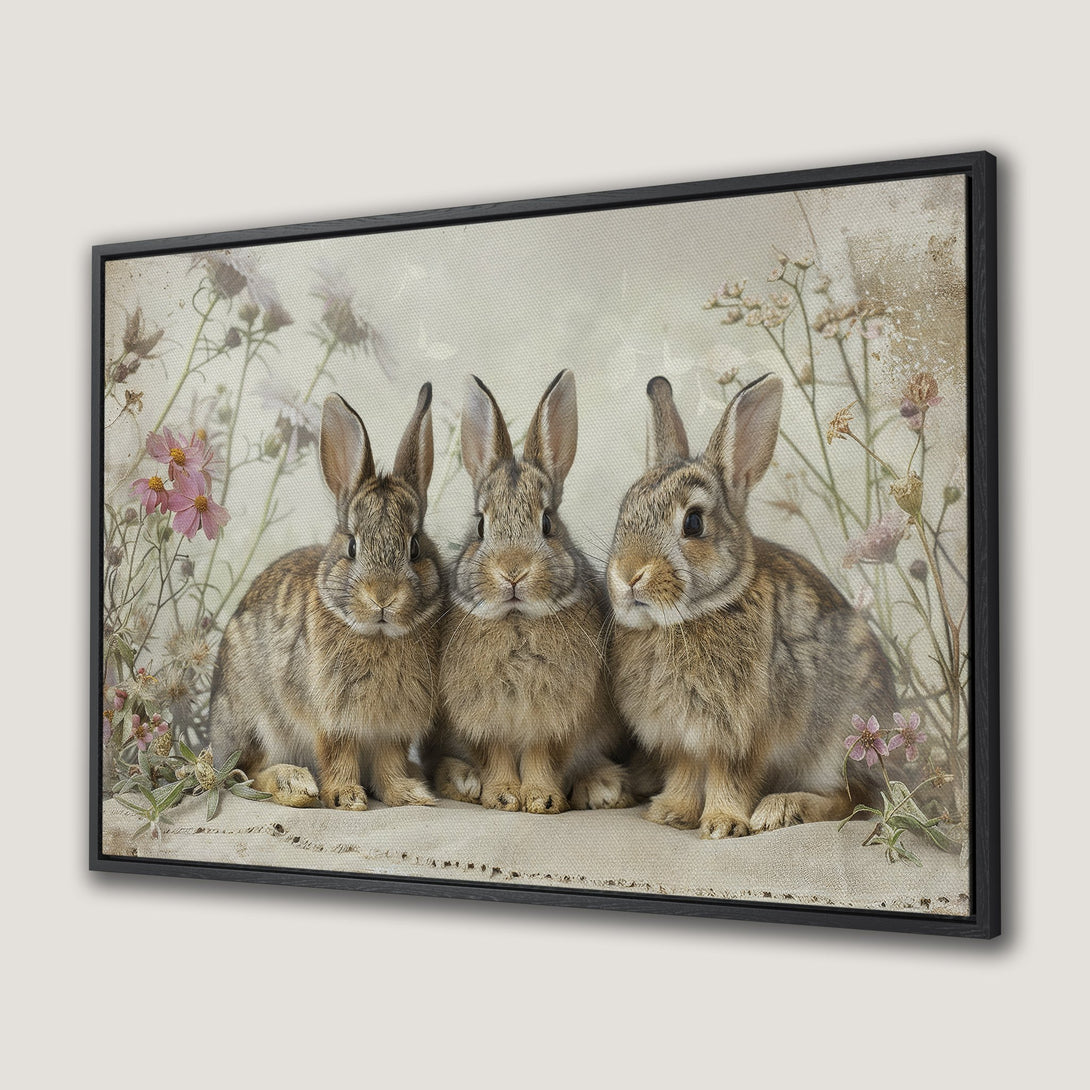 Framed Wall Art featuring three adorable bunnies in a vintage style with a soft, neutral color palette, perfect for adding a touch of charm.