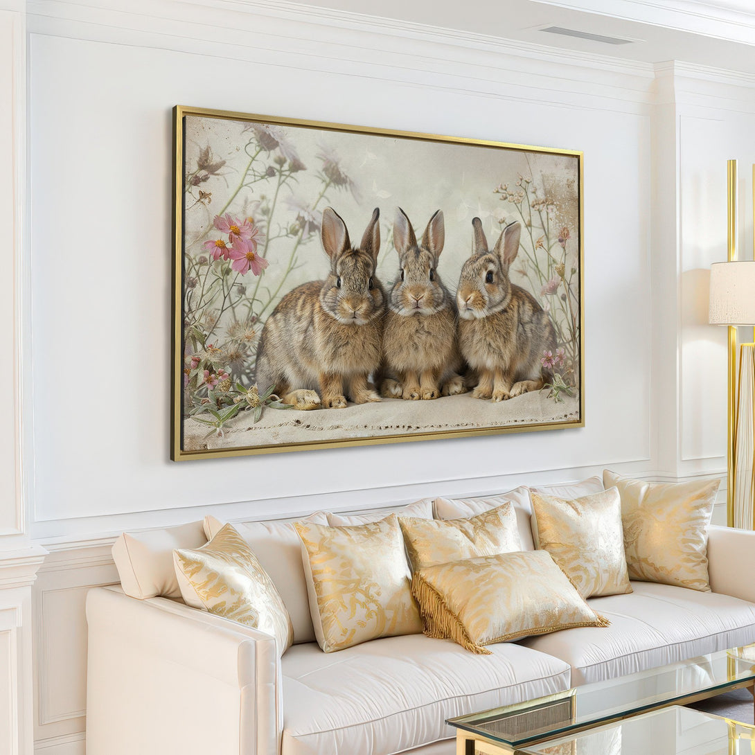 Canvas Print featuring three adorable bunnies in a vintage style, with a soft neutral color palette, perfect for adding charm to any room.