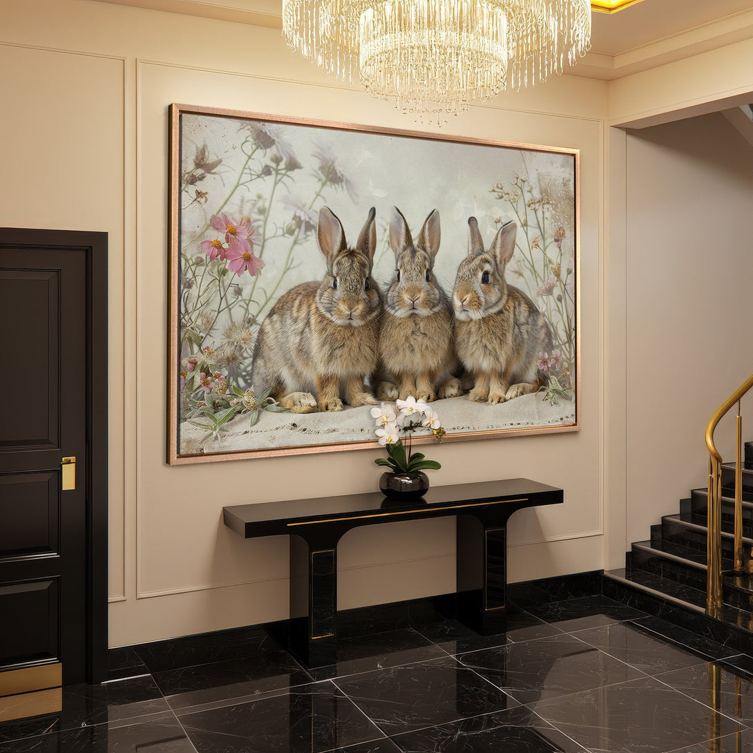 Framed Wall Art featuring three adorable bunnies in a floral setting. Neutral tones with pops of pink, perfect for adding charm to your space.