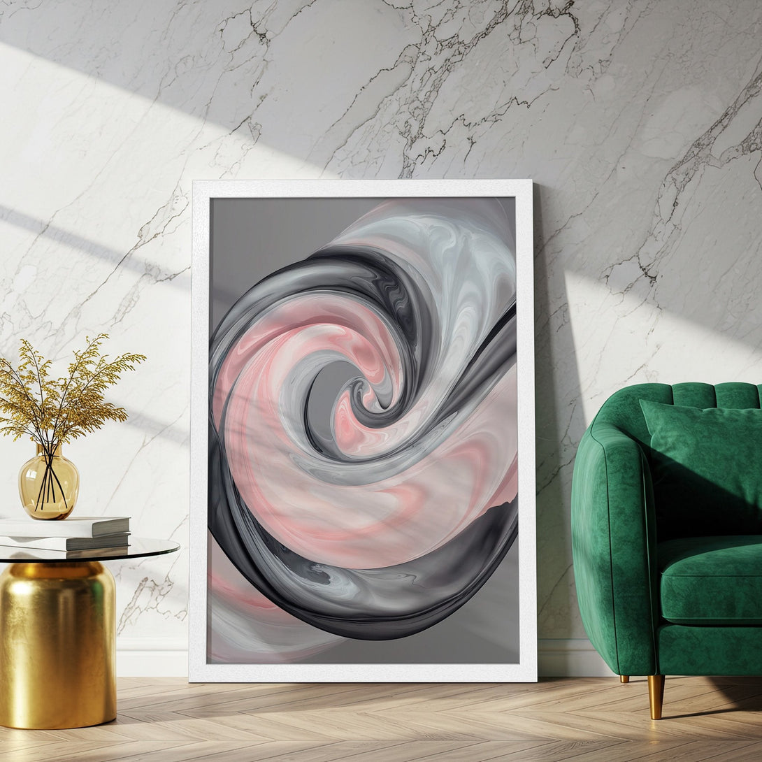 Framed Poster featuring an abstract swirl design in pink, gray, and black. Modern art for your home!