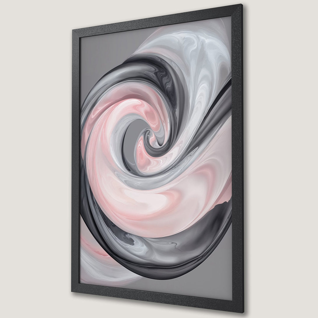 Framed Poster featuring abstract swirl art in pink, gray, and black. Modern wall decor for a stylish home.