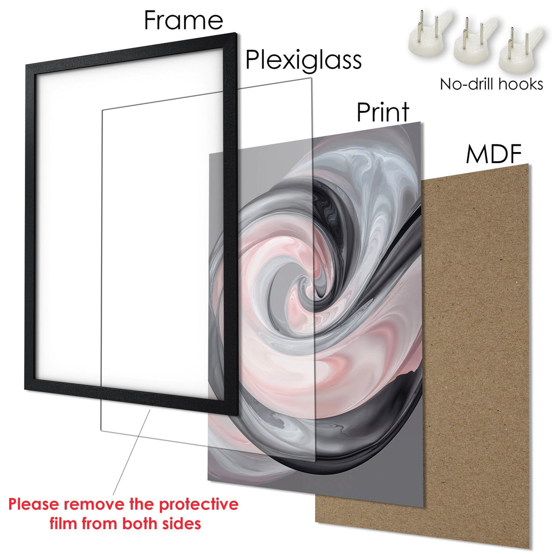 Framed Poster featuring an abstract swirl design in pink, gray, and black. Modern art print for home decor.
