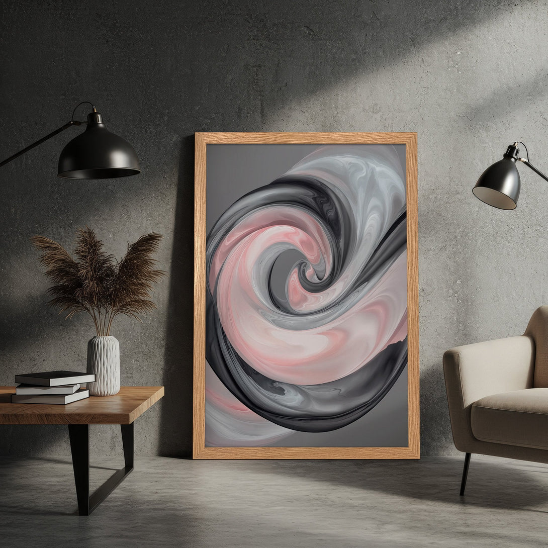 Framed Poster featuring abstract swirl art in pink, gray, and black. Modern wall decor for a stylish interior.