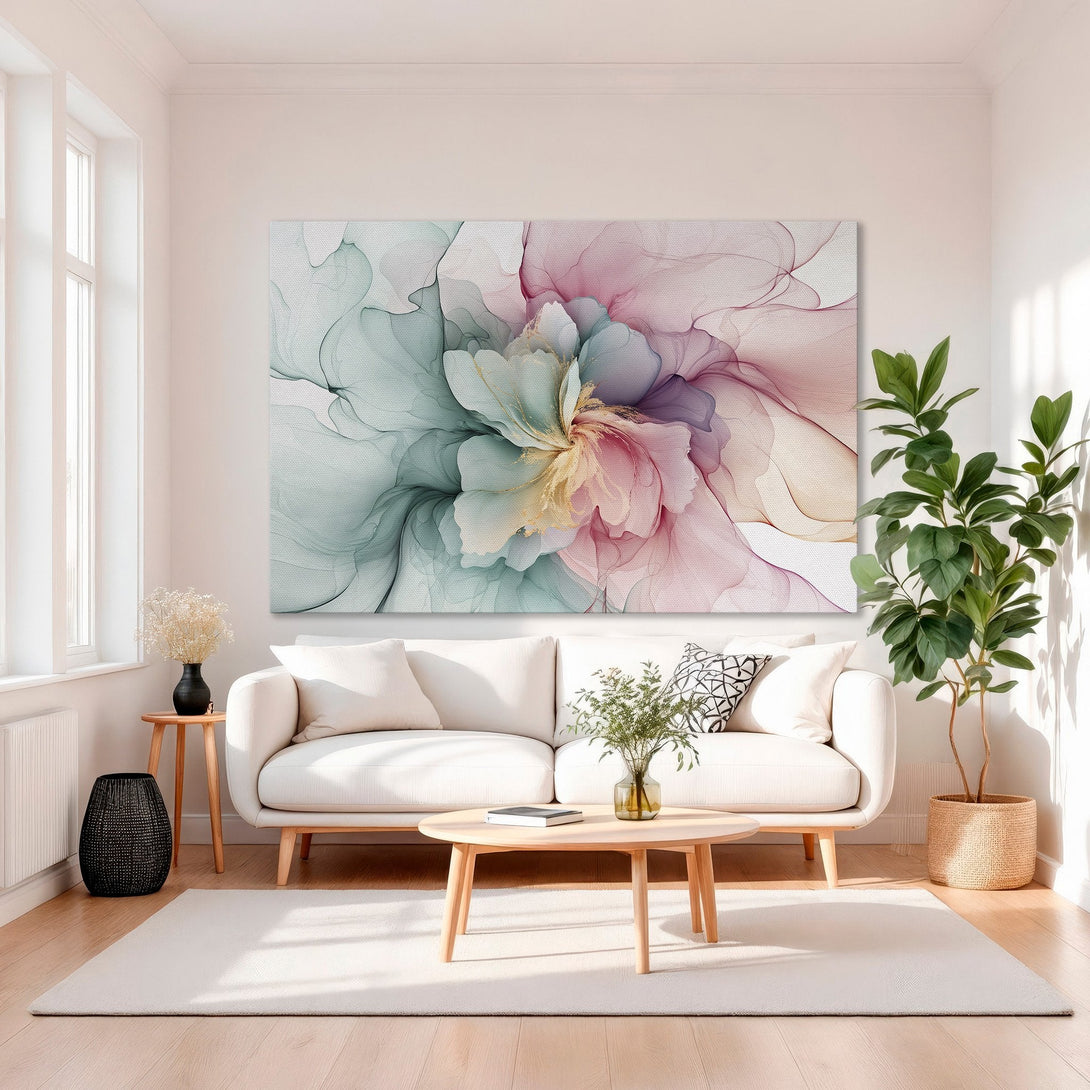Framed Wall Art: Abstract floral Canvas Print in pastel pink, teal, and gold hues. Modern art for elegant home decor.