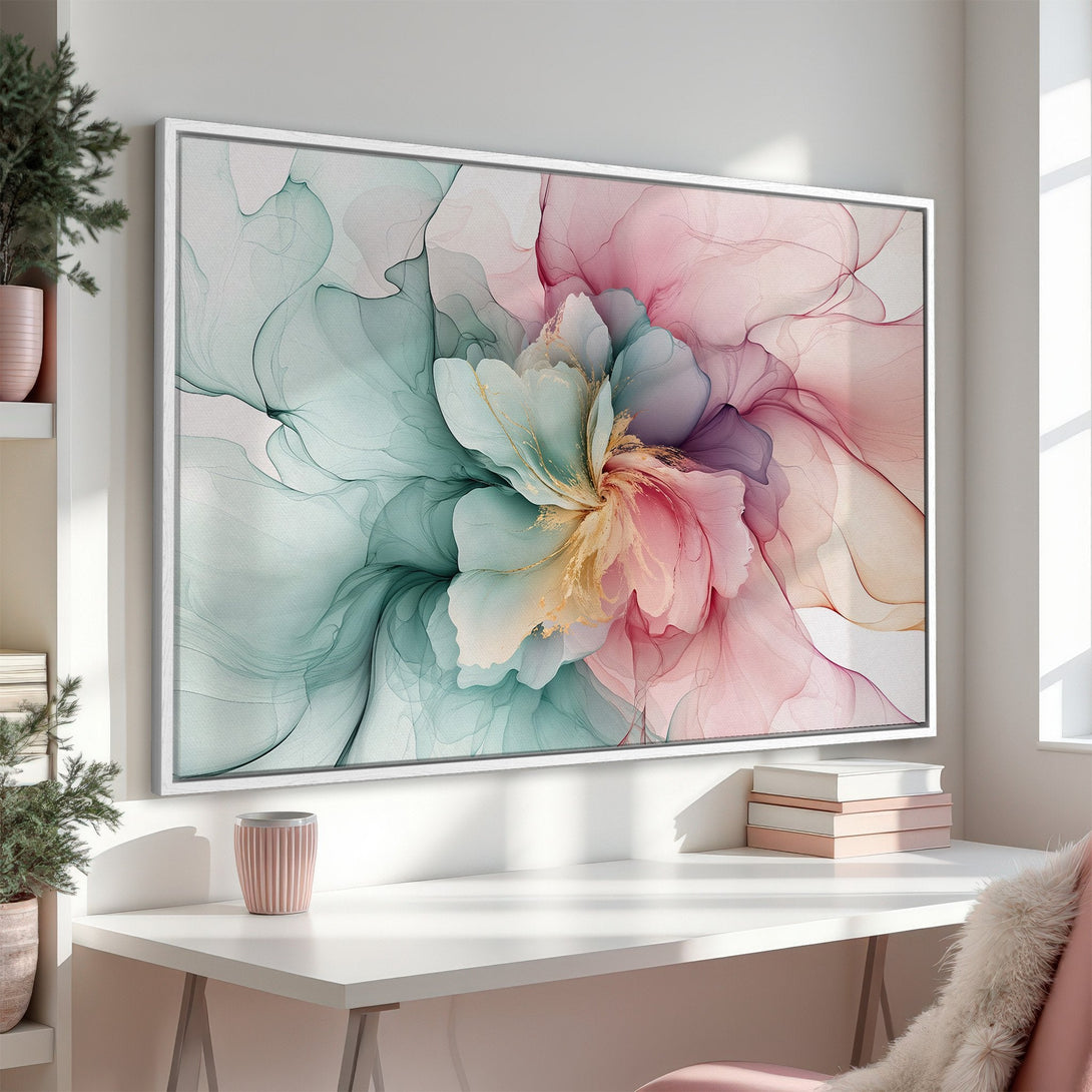Framed Wall Art featuring an abstract floral design in soft pastel pinks, greens, and gold. Modern art for a calming interior.
