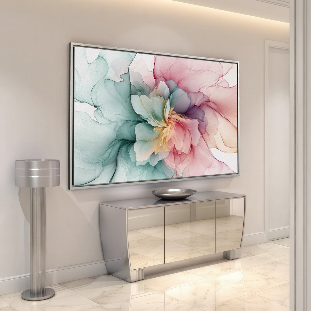 Framed Wall Art: Abstract floral canvas print in pastel pinks, greens, and gold. Modern art for stylish home decor. Enhance your space today!