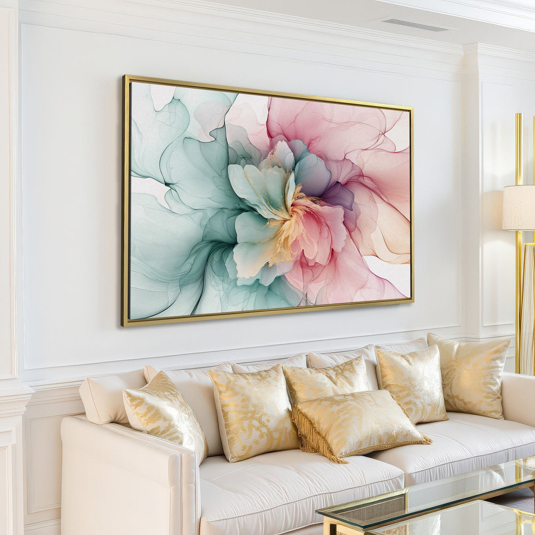 Canvas Print of an abstract floral design in pastel pink, teal, and gold hues, perfect for adding a touch of elegance to any room.