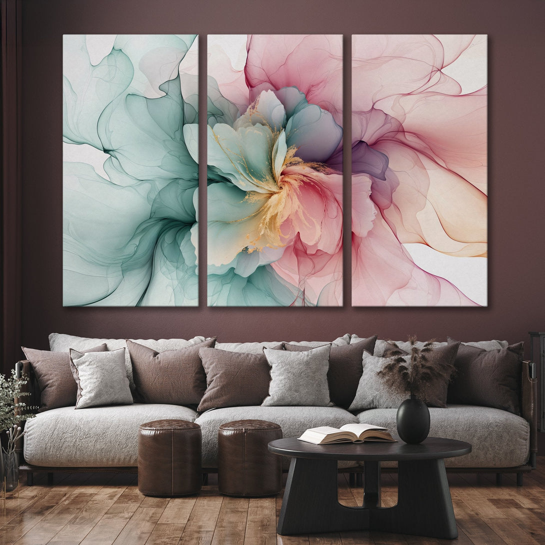 Abstract floral Canvas Print in pastel pink, teal, and gold. Modern wall art for living room decor.