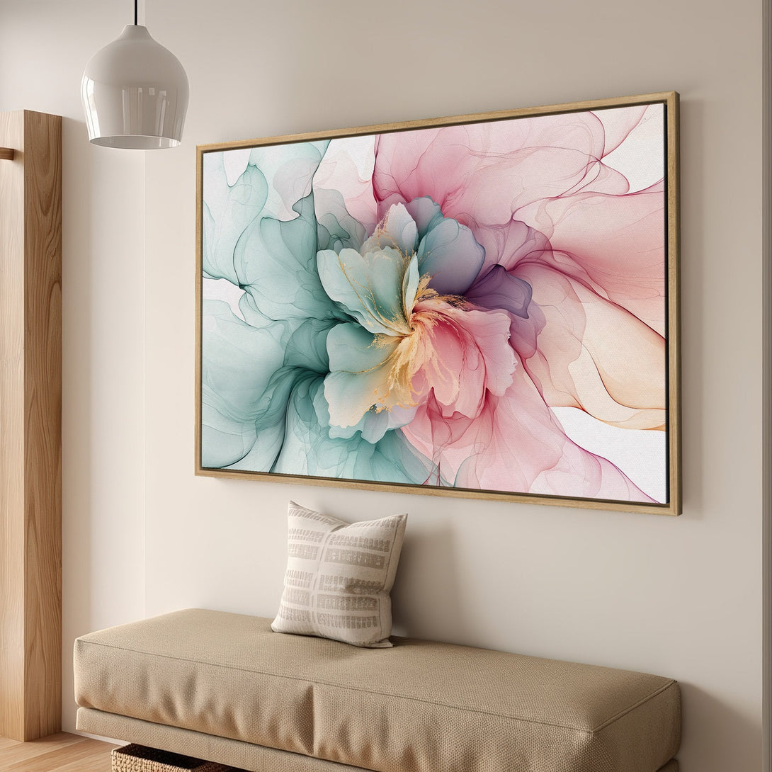 Framed Wall Art: Abstract floral canvas print in pastel pink, teal, and gold. Modern art for a stylish home.