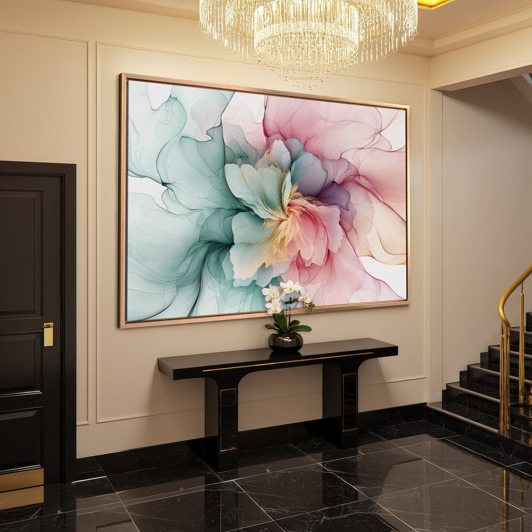 Framed Wall Art: Abstract floral design in pastel pink, teal, and gold. Modern Canvas Print adds elegance to any interior. Shop now!