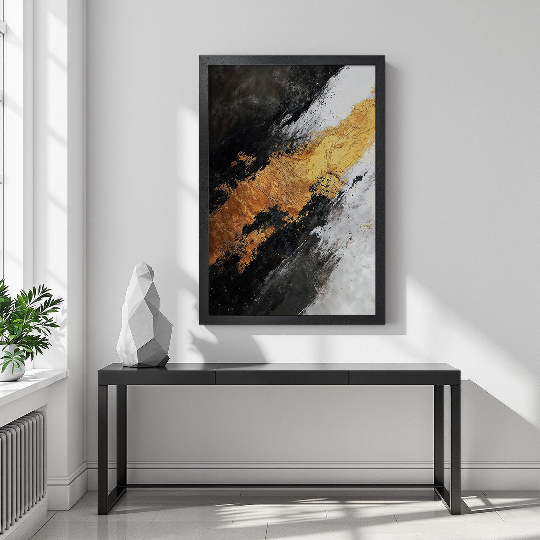 Framed Poster: Abstract art in black, gold, and white. Modern style, perfect for home decor. Elevate your space with this stunning poster.