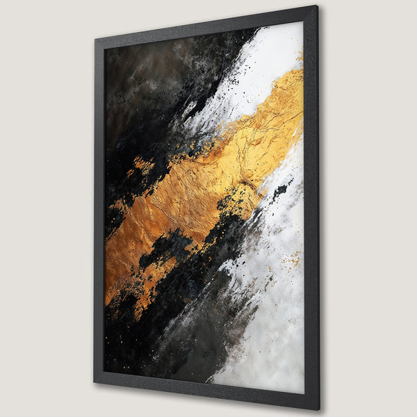 Framed Poster featuring abstract gold, black, and white art. Modern style, perfect for adding a touch of elegance to any space.