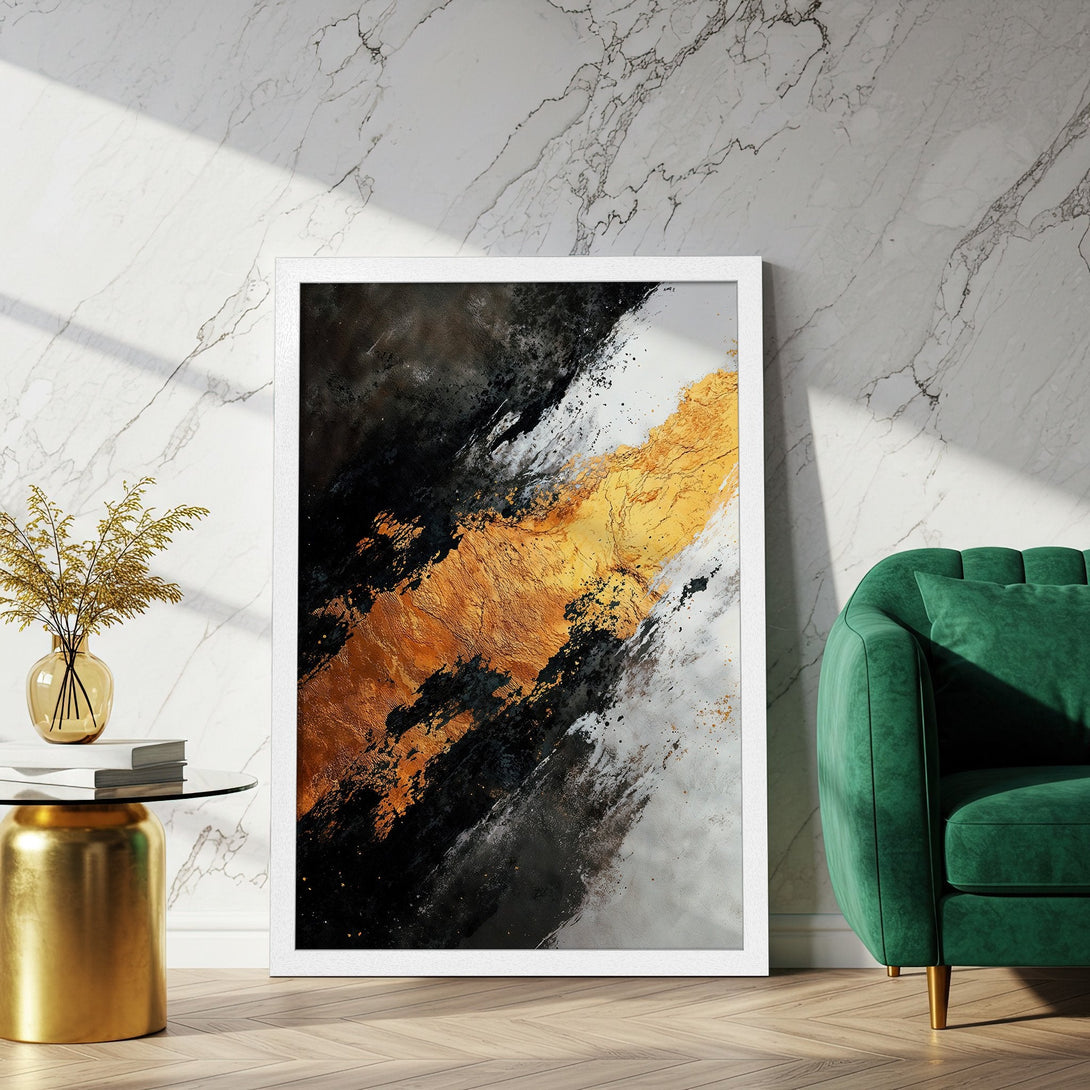 Framed Poster featuring abstract art with gold, black, and white brushstrokes. Modern style, perfect for home decor.