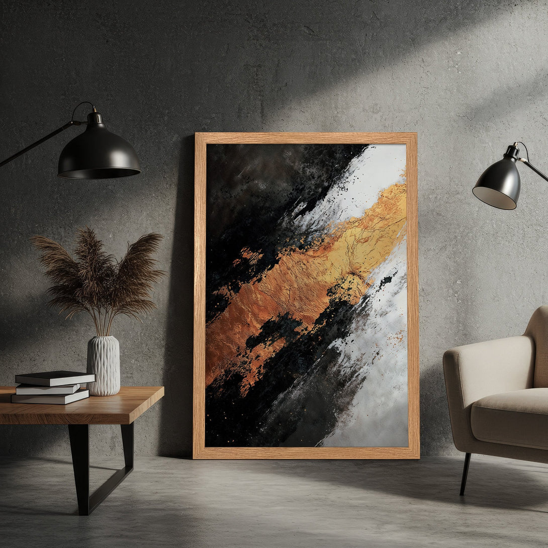Framed Poster featuring abstract art in black, white, and gold. Modern style art print for home decor.