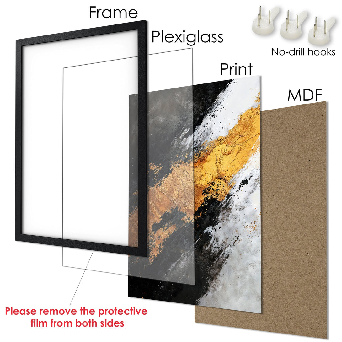 Framed Poster featuring abstract art in black, gold, and white. Modern style, perfect for home decor.