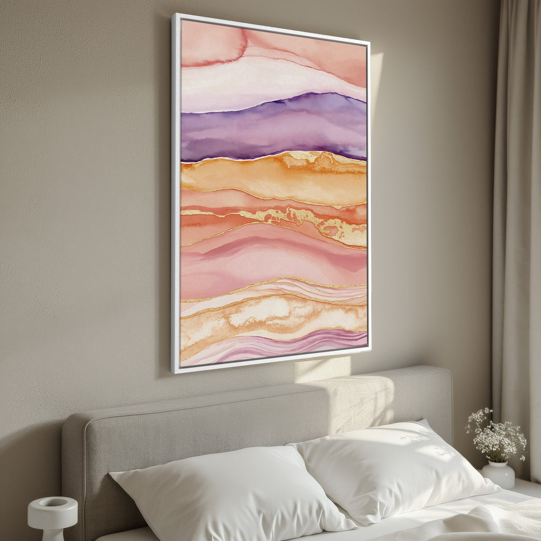 Framed Wall Art: Abstract watercolor landscape in pink, purple, and gold hues. Perfect for bedroom decor, this canvas print adds a touch of elegance.