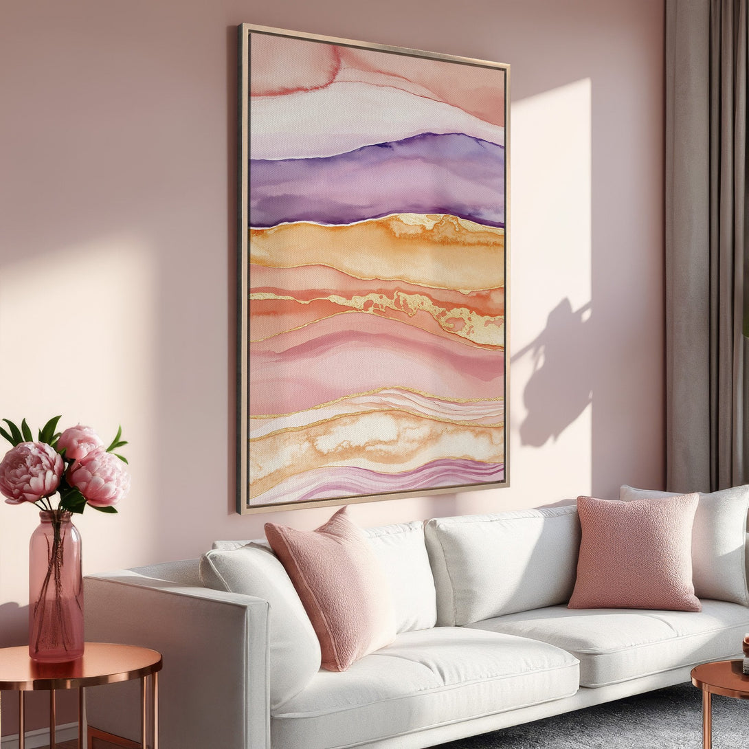 Framed Wall Art: Abstract watercolor landscape in blush, purple, and gold tones. Adds a touch of elegance to any space. Shop now!
