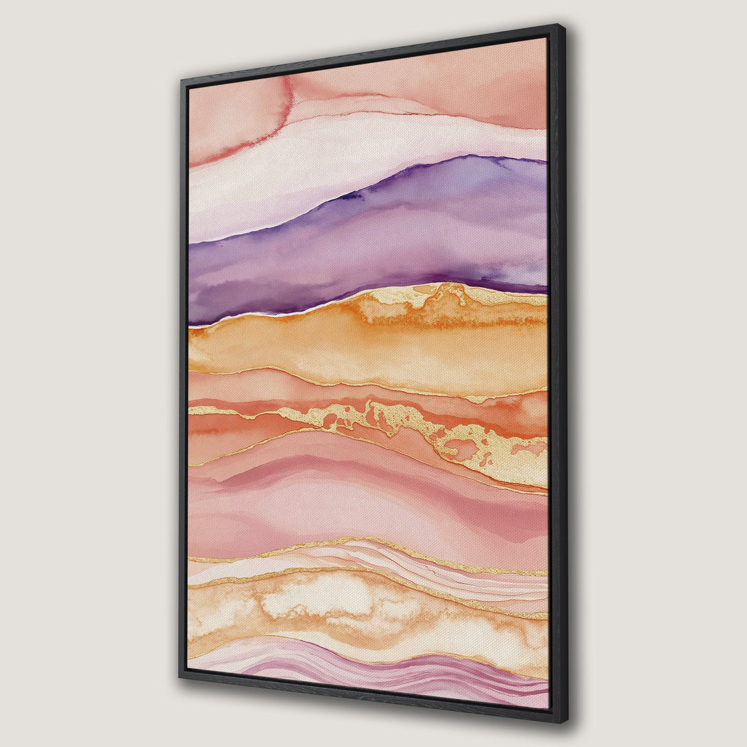Framed Wall Art featuring an abstract watercolor design in pink, purple, and gold. Add a touch of elegance to your space with this beautiful Canvas Print.