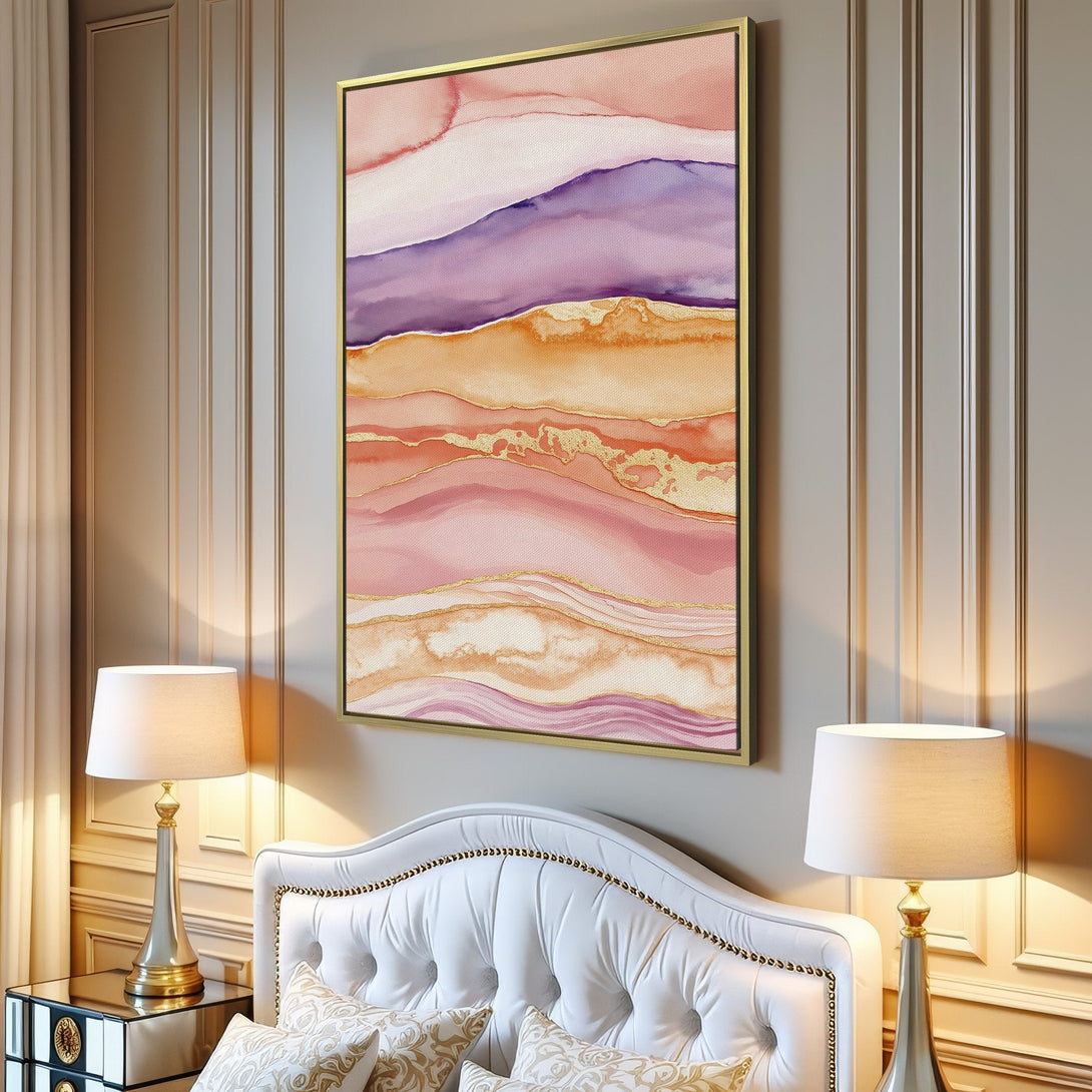 Abstract Canvas Print in watercolor style, featuring pink, purple, and gold hues. Perfect for adding a touch of elegance to your living room!