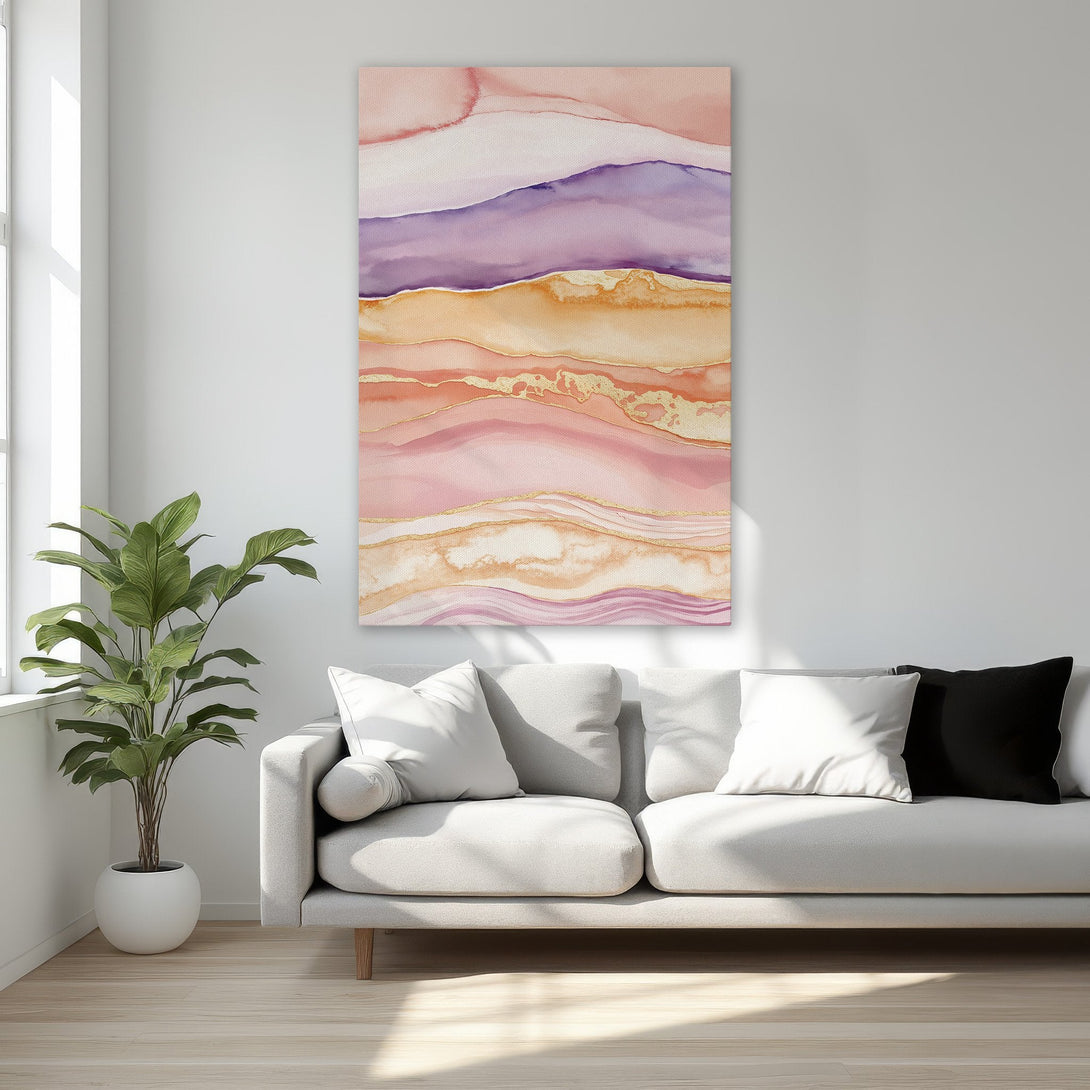 Framed Wall Art featuring abstract watercolor landscape in pinks, purples, and golds. Elevate your space with this stunning Canvas Print.