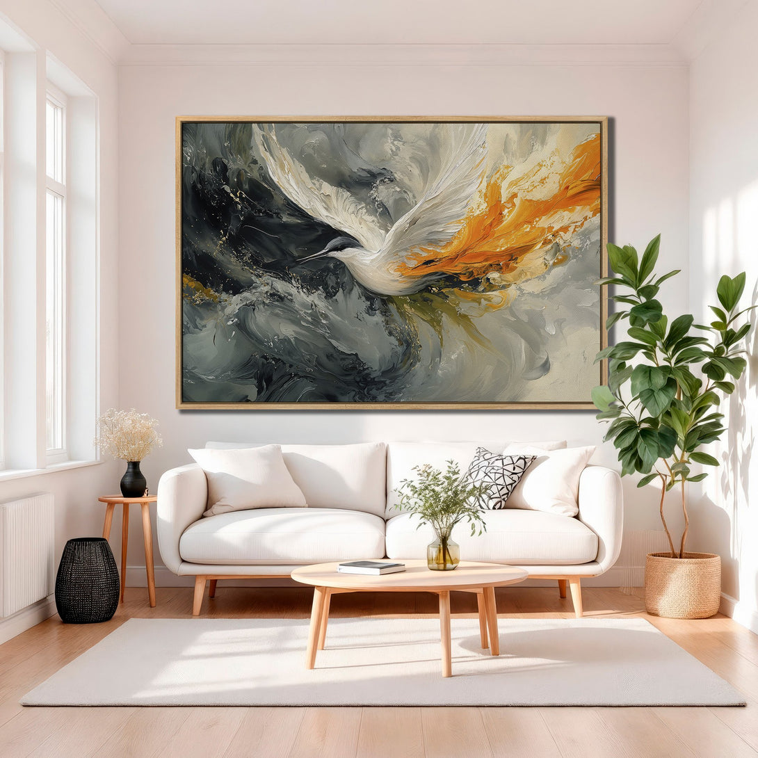 Framed Wall Art: Abstract bird painting in neutral & warm tones. Modern canvas print adds elegance to living room decor. Shop now for stunning wall art!