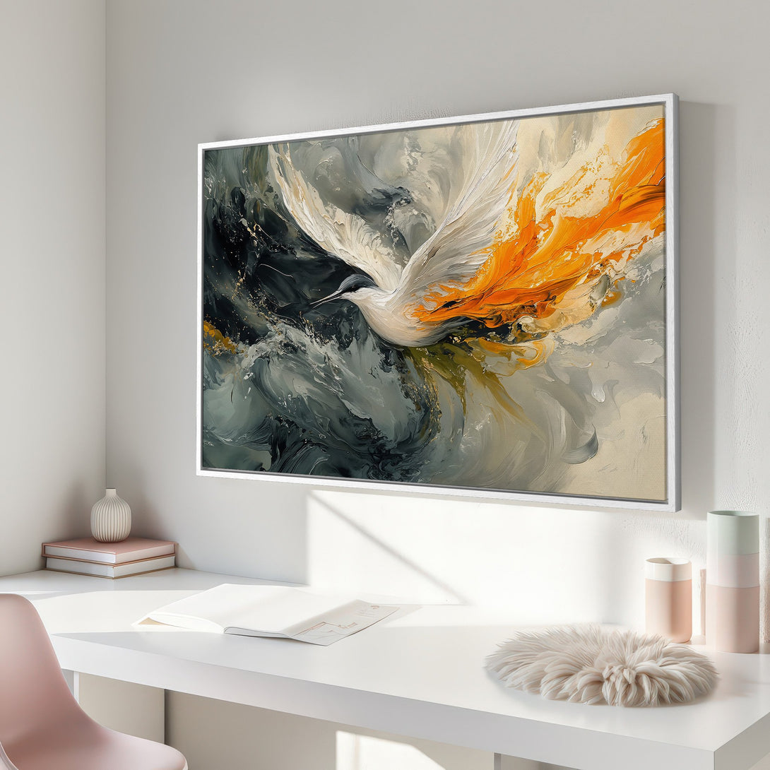 Framed Wall Art featuring an abstract bird in flight with a dramatic, modern style. Color palette includes gray, orange, and white.