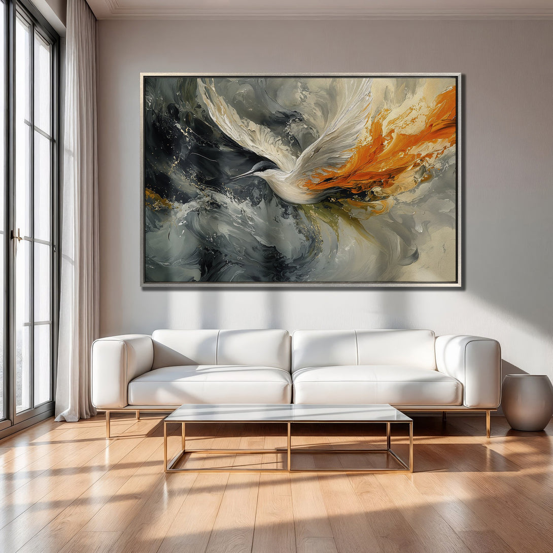 Framed Wall Art: Abstract bird painting in neutral tones with pops of orange. Modern art for your home decor.