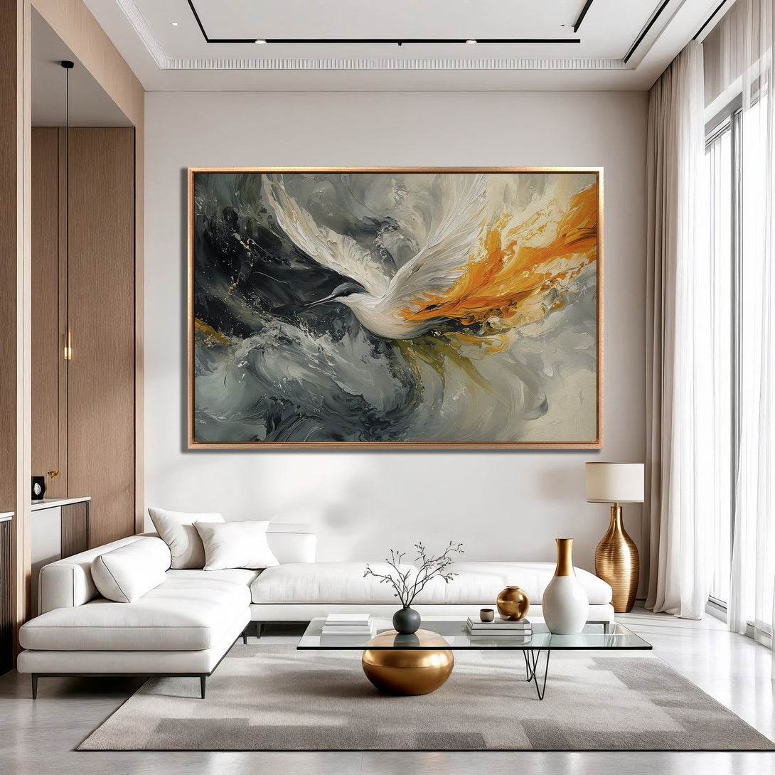 Framed Wall Art: Abstract bird painting in a modern living room. Features a white, grey, and gold color palette, adding elegance and style.