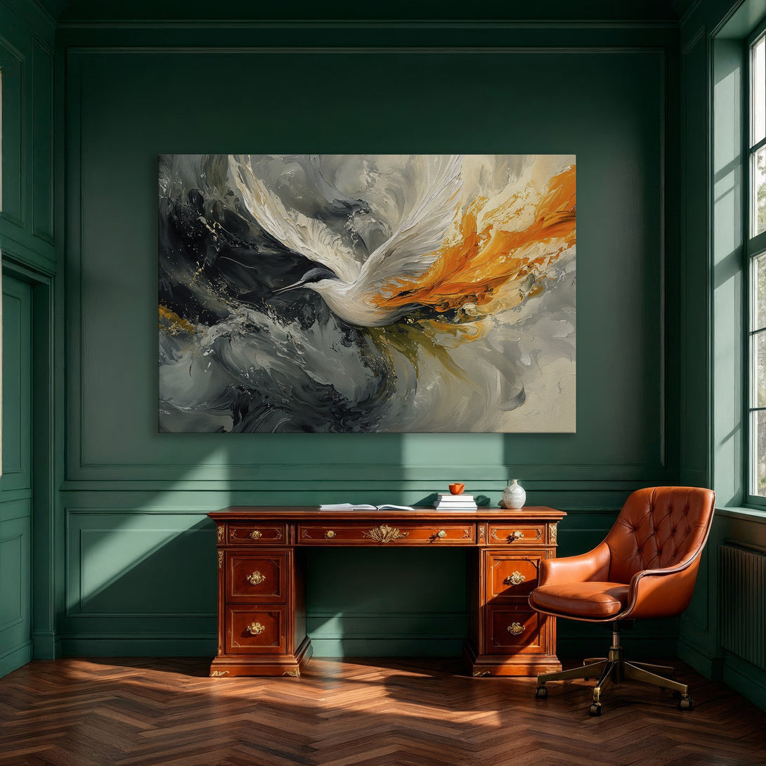 Framed Wall Art: Abstract bird painting with a gold frame. Features a dramatic, modern style with a gray, white, and orange color palette. Perfect for home decor.