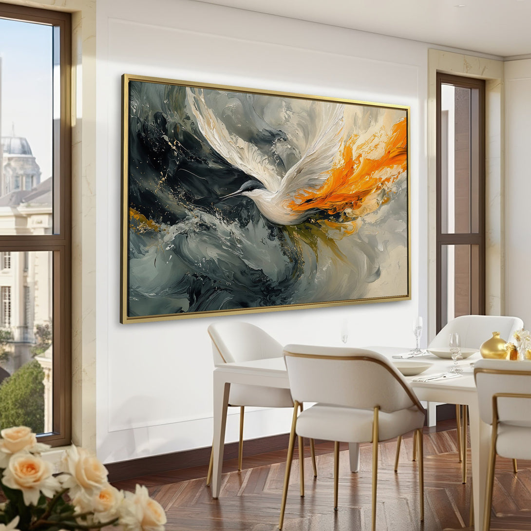 Abstract Canvas Print of a bird in flight with a dramatic, textured style. Features a palette of white, gray, and gold. Perfect for any space!