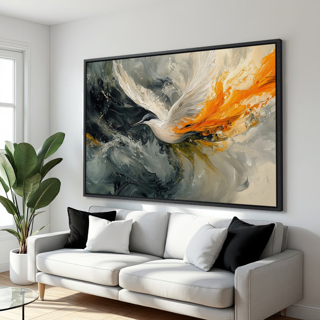 Framed Wall Art featuring a vibrant abstract bird painting in a modern interior. Color palette: gray, orange, and white. Elevate your space with this stunning canvas print.