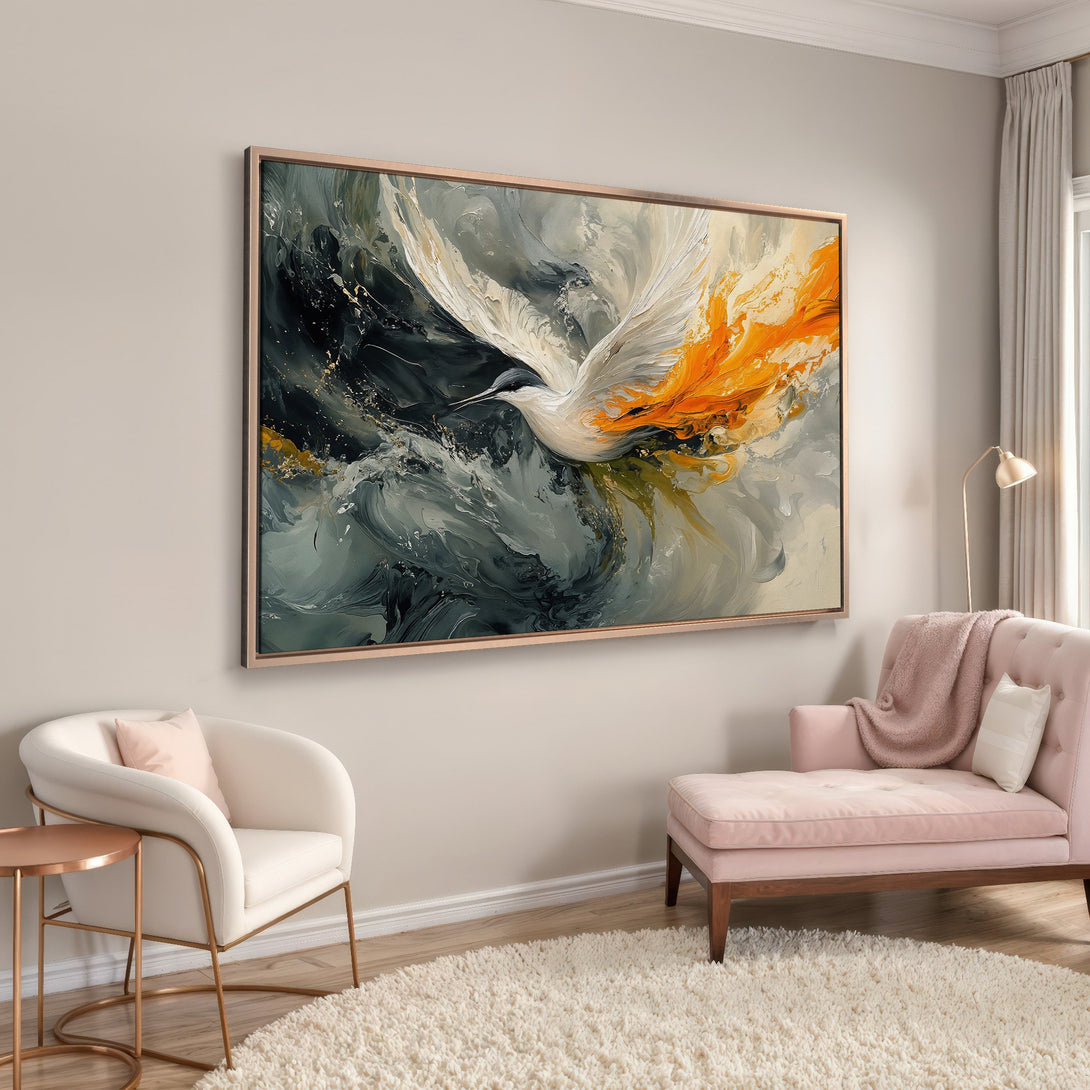 Abstract Canvas Print of a bird in flight, featuring a dramatic gray, white, and orange color palette. Perfect for modern home decor.