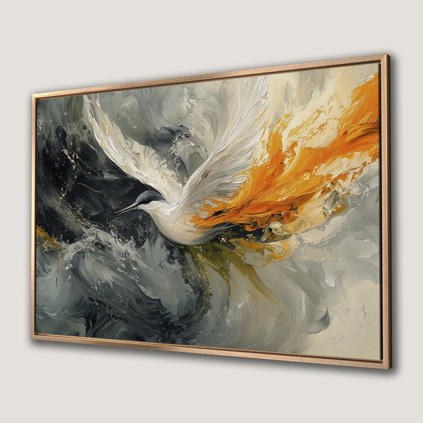 Framed Wall Art: Abstract bird painting in neutral gray, white, and gold color palette. Modern canvas print for living room or bedroom decor.