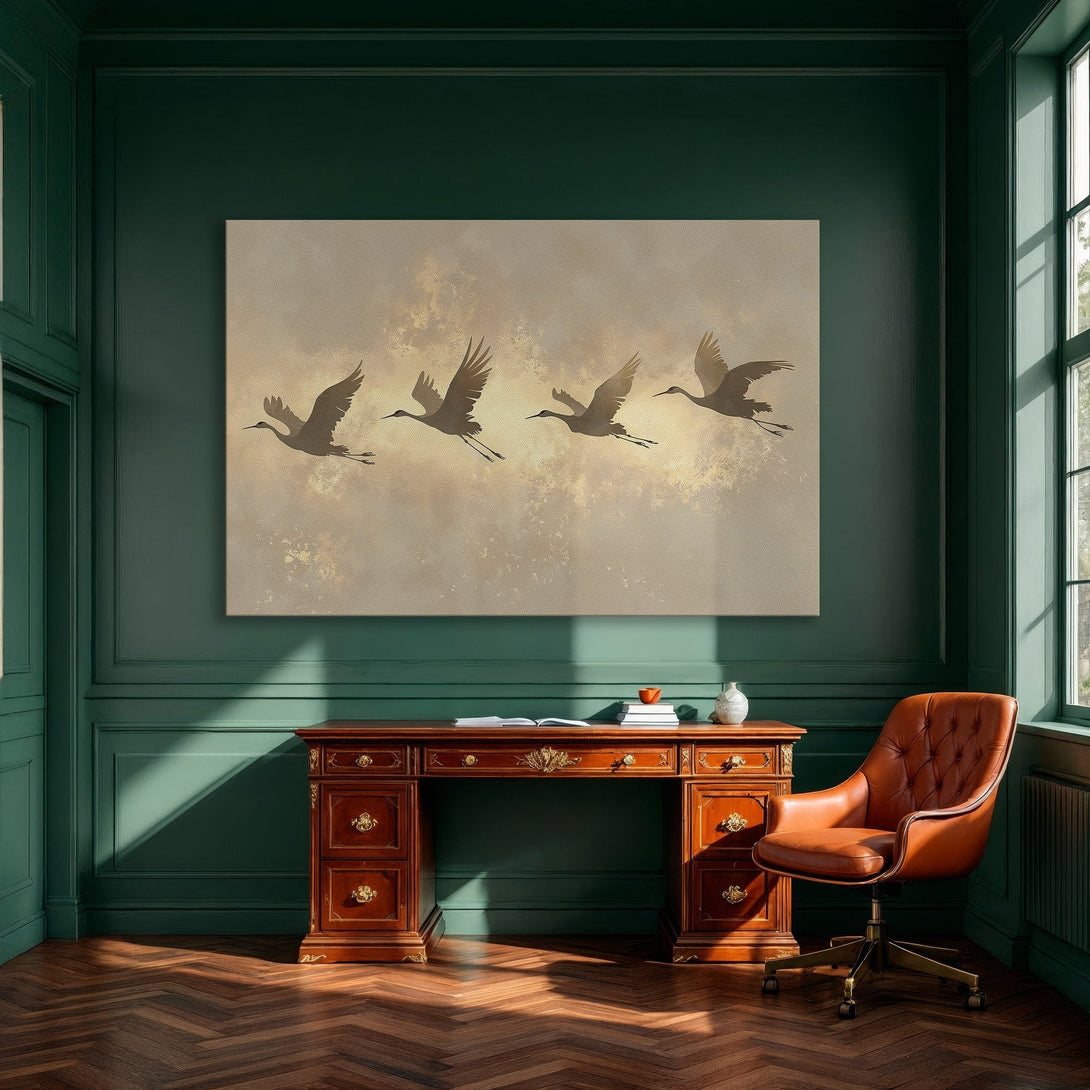 Framed Wall Art featuring flying cranes in a warm, neutral color palette. Perfect for adding a touch of elegance to your dining room.