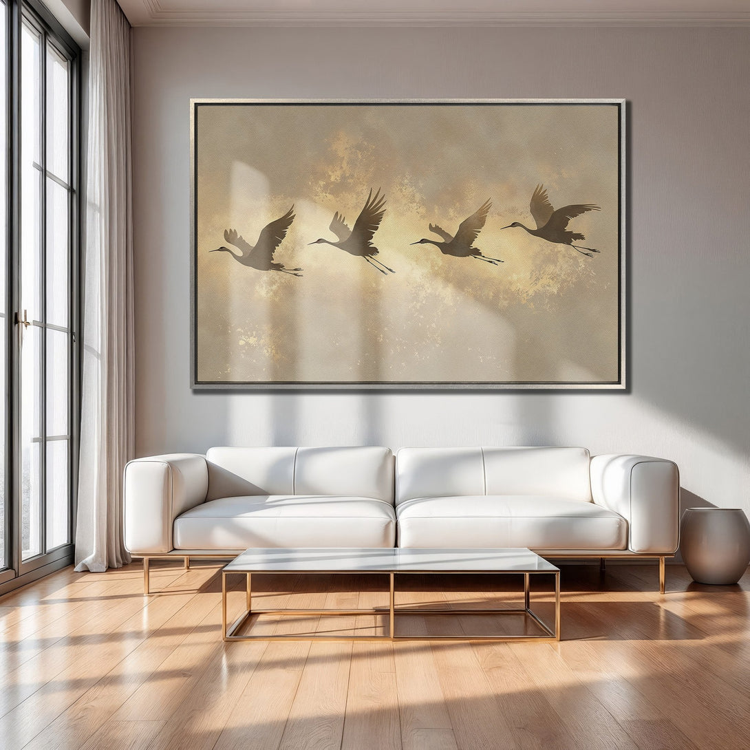 Framed Wall Art of flying cranes in a neutral color palette, perfect for modern living room decor. Add serene style to your home!