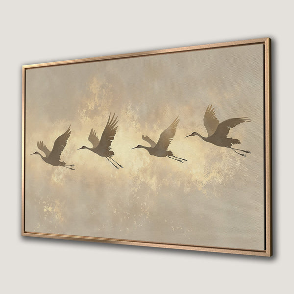 Framed Wall Art featuring elegant crane silhouettes in flight, warm neutral tones. Perfect for modern decor. Add a touch of nature to your space.
