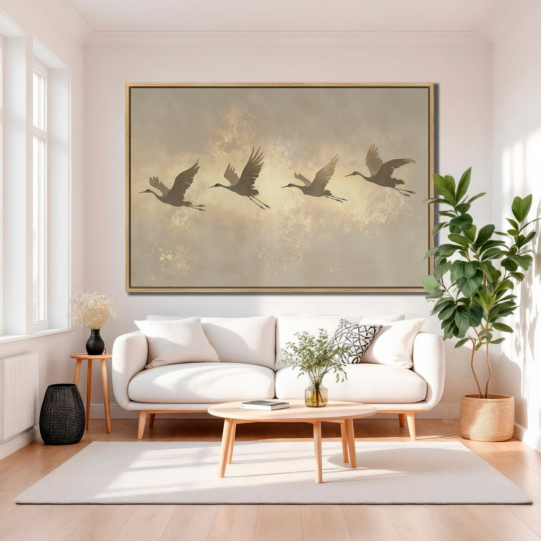 Framed Wall Art: Silhouette cranes in flight, neutral color palette. Modern, minimalist design for living room decor. Elevate your space with this beautiful canvas print!